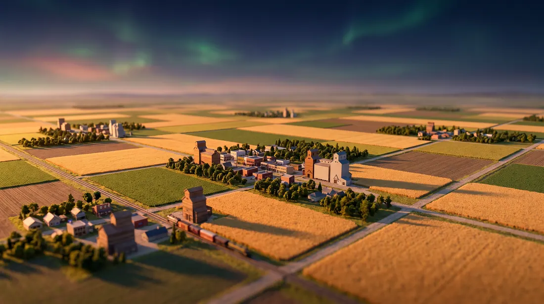 Vue façon miniature de routes en quadrillage des Prairies, de champs, de petites villes et d'élévateurs à grain le long d'une voie ferrée