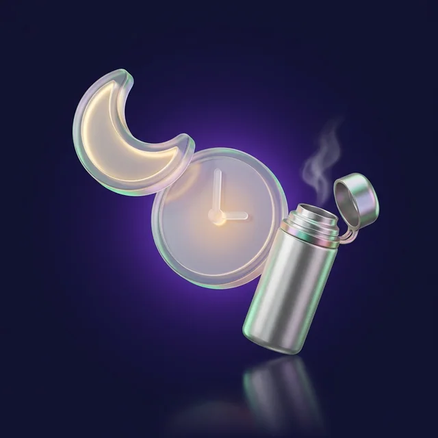 Icônes en verre d'un croissant de lune, d'une horloge marquant trois heures et d'un thermos fumant