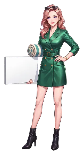 Sasha Wren, l'animatrice illustrée du guide, des lunettes de soleil relevées dans les cheveux et une serviette de plage roulée, tenant une pancarte: Route 59