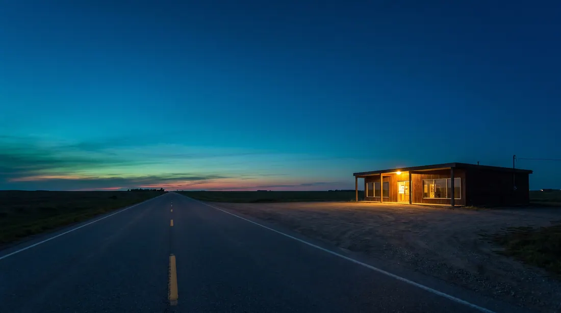 Une route des Prairies à deux voies à l'heure bleue, avec un bâtiment bas en bord de route éclairé de l'intérieur
